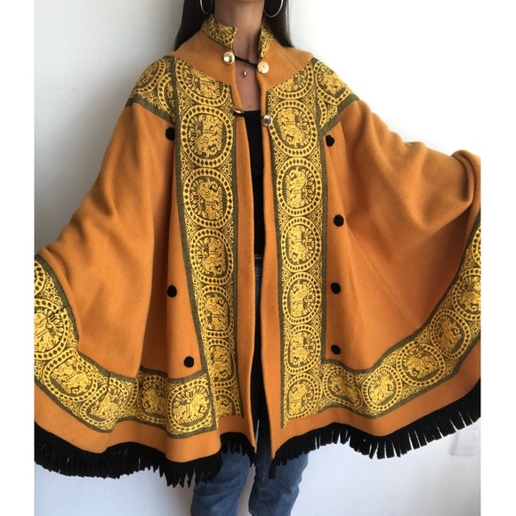 Vintage mustard embroidered wool boho cape OS - Picture 3 of 8
